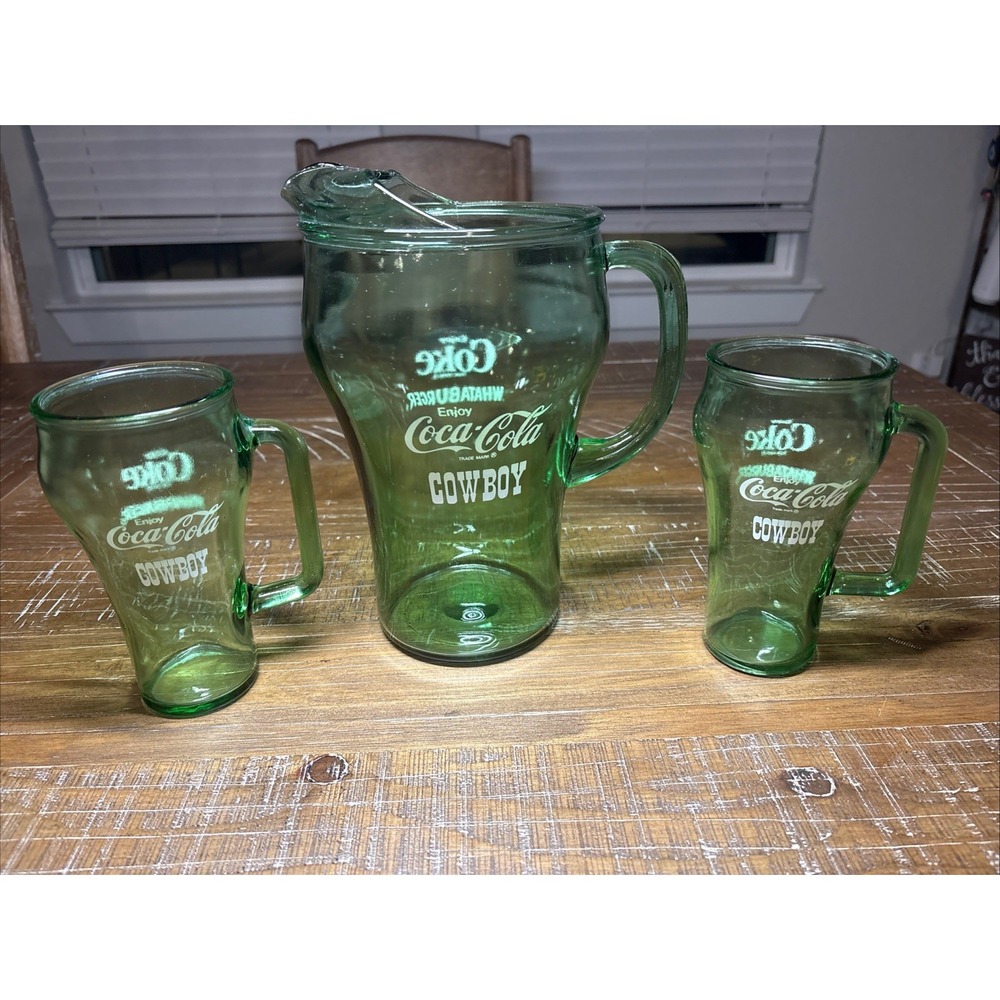 Coke Cowboy Whataburger Mugs/Glasses w/Handles & Pitcher Set - 3 Pcs